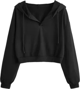 Verdusa Women's Long Sleeve Drop Shoulder Drawstring Crop Hoodie Sweatshirt
