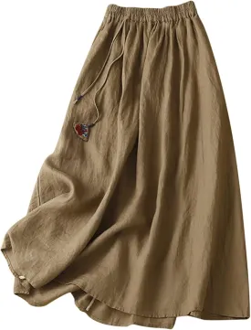 Women Boho Cotton Linen Midi Skirt Fashion Vintage Drawstring Elastic High Waist Swing A-Line Casual Hawaiian Skirts