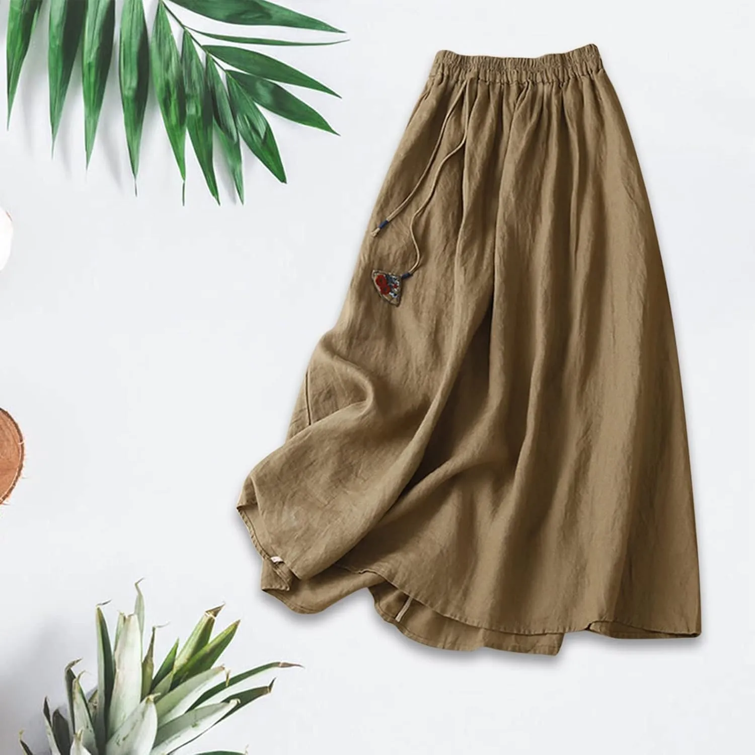 Women Boho Cotton Linen Midi Skirt Fashion Vintage Drawstring Elastic High Waist Swing A-Line Casual Hawaiian Skirts