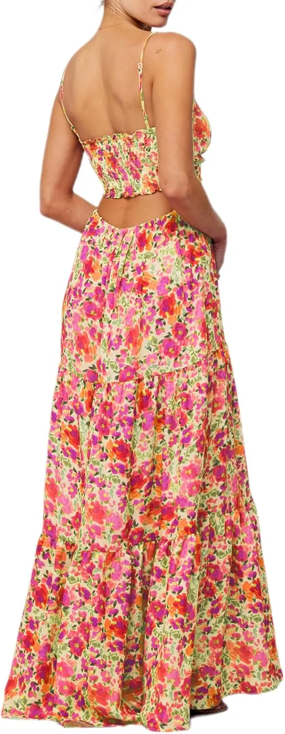 Women Boho Graphic Cami Maxi Dress Spaghetti Strap Flowy Long Beach Sun Dress Summer Vacation Floral Maxi Dress