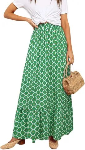 Womens Boho Maxi Skirts Summer Trendy Elastic High Waisted A Line Skort Casual Flowy Floral Ruffle Hem Beach Skirts