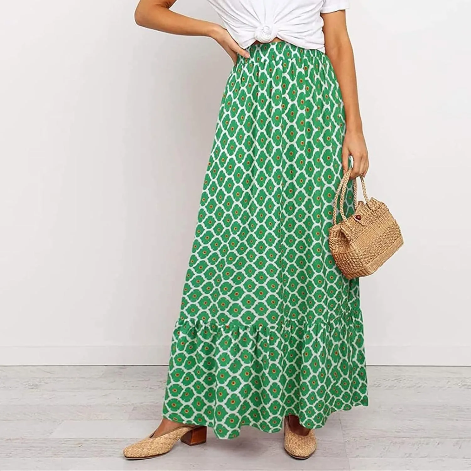 Womens Boho Maxi Skirts Summer Trendy Elastic High Waisted A Line Skort Casual Flowy Floral Ruffle Hem Beach Skirts