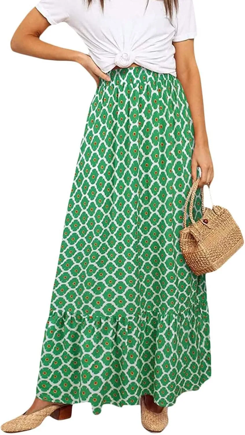 Womens Boho Maxi Skirts Summer Trendy Elastic High Waisted A Line Skort Casual Flowy Floral Ruffle Hem Beach Skirts