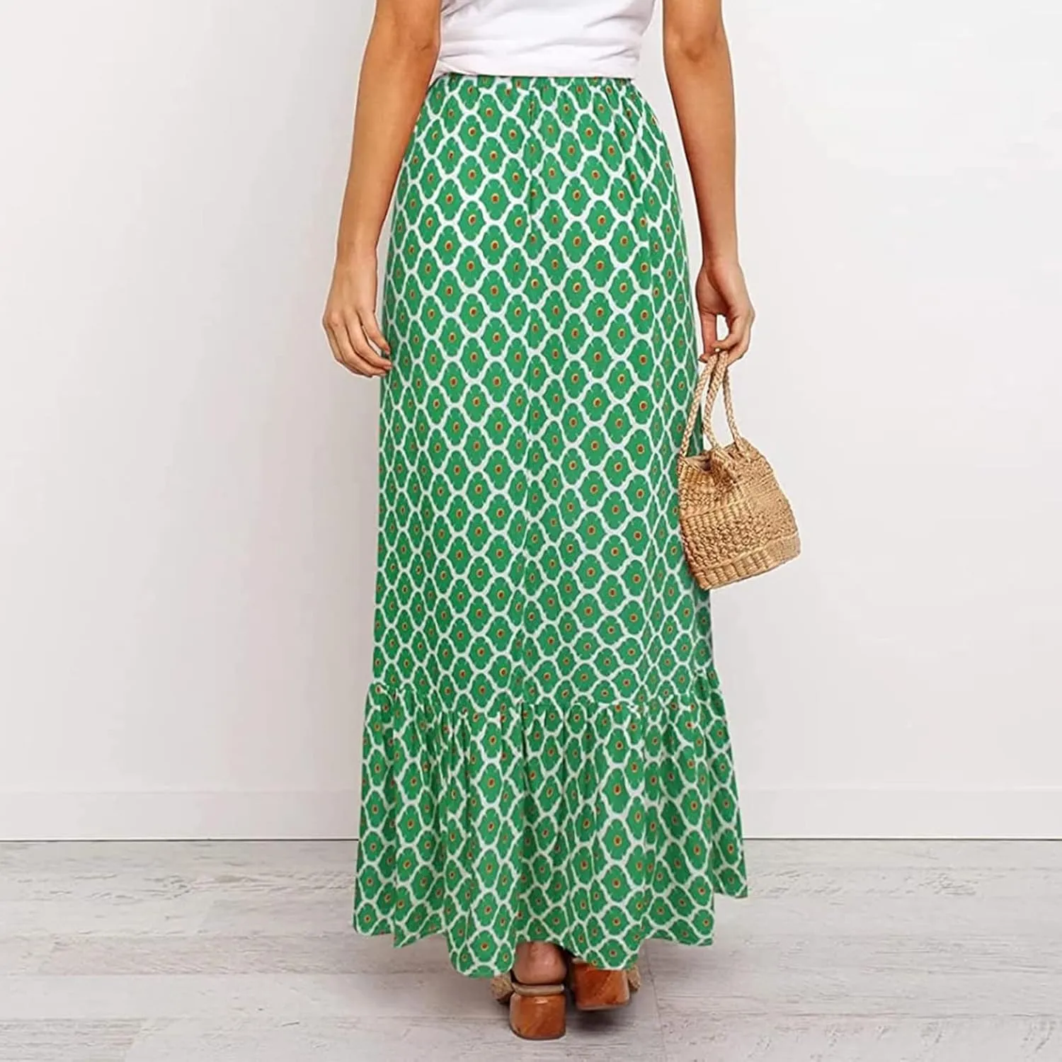 Womens Boho Maxi Skirts Summer Trendy Elastic High Waisted A Line Skort Casual Flowy Floral Ruffle Hem Beach Skirts