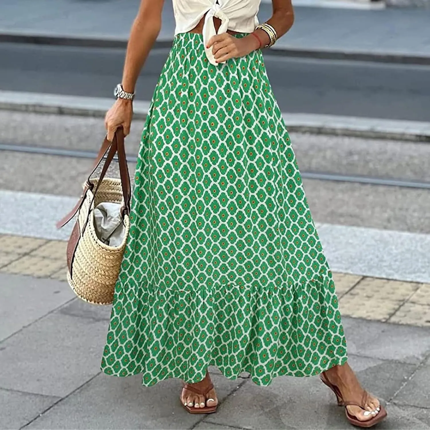 Womens Boho Maxi Skirts Summer Trendy Elastic High Waisted A Line Skort Casual Flowy Floral Ruffle Hem Beach Skirts
