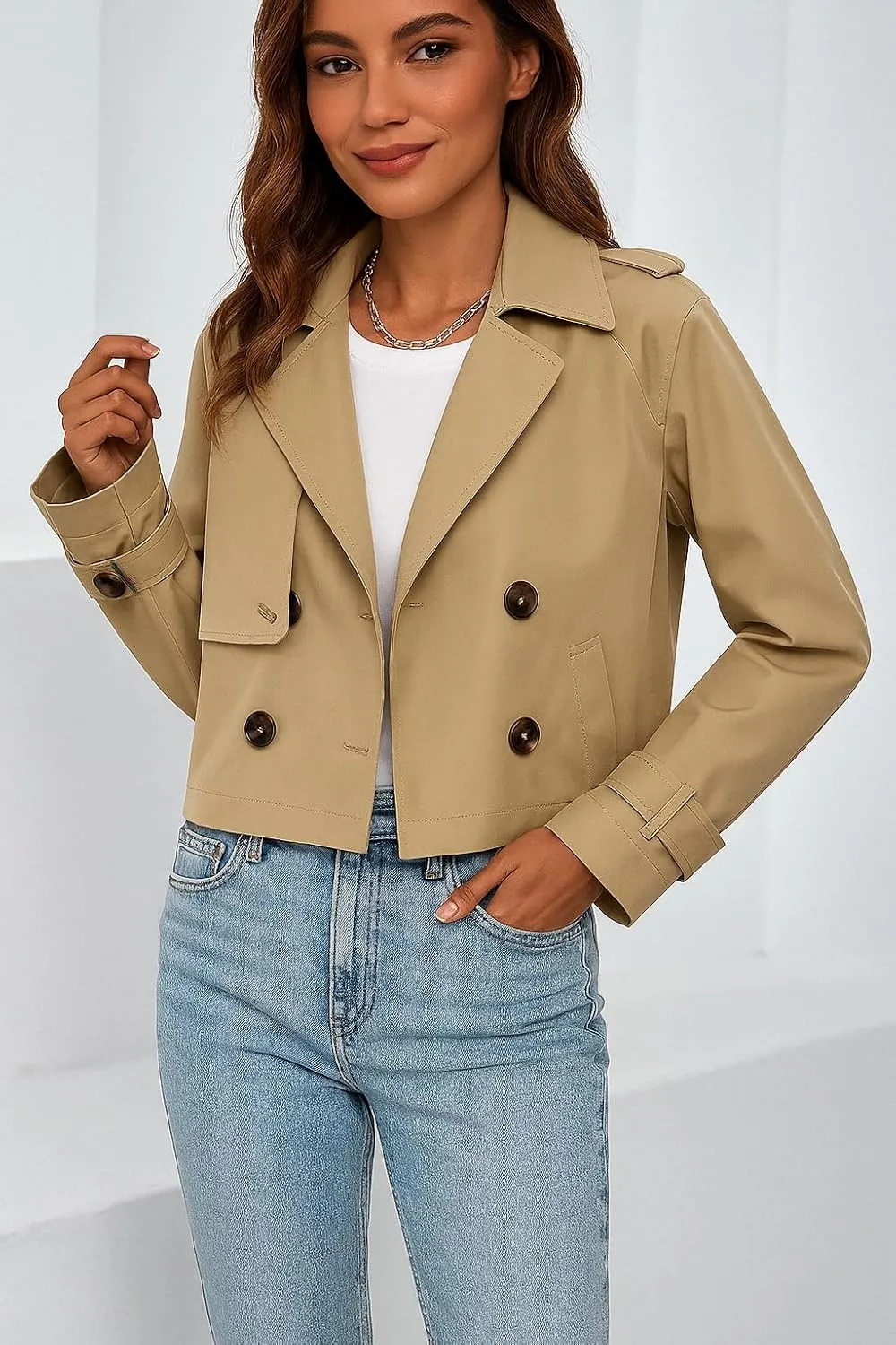 Womens Double Breasted Cropped Trench Coat Long Sleeve - Notched Lapel Crop Spring Short Jacket for Women