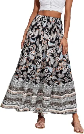 Women's Fashion Maxi Skirts Solid Color Beach High Waist Bohemian A-Line Layered Halter Flowy Skirt