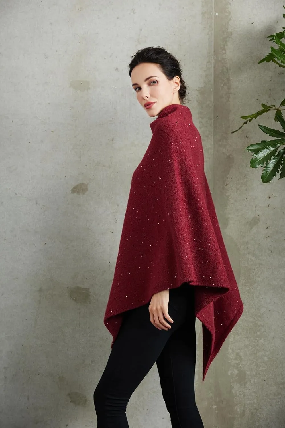 Women's Heaps Collar Bohemian Poncho Sweater Knitted Cape Irregular Hem Wrap Pullover for Spring Fall Winter
