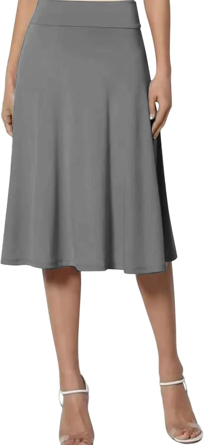 Womens Satin A-Line Skirt Bright Face High Waist Solid Color Side Split Skirt with Zipper Knee Length Office