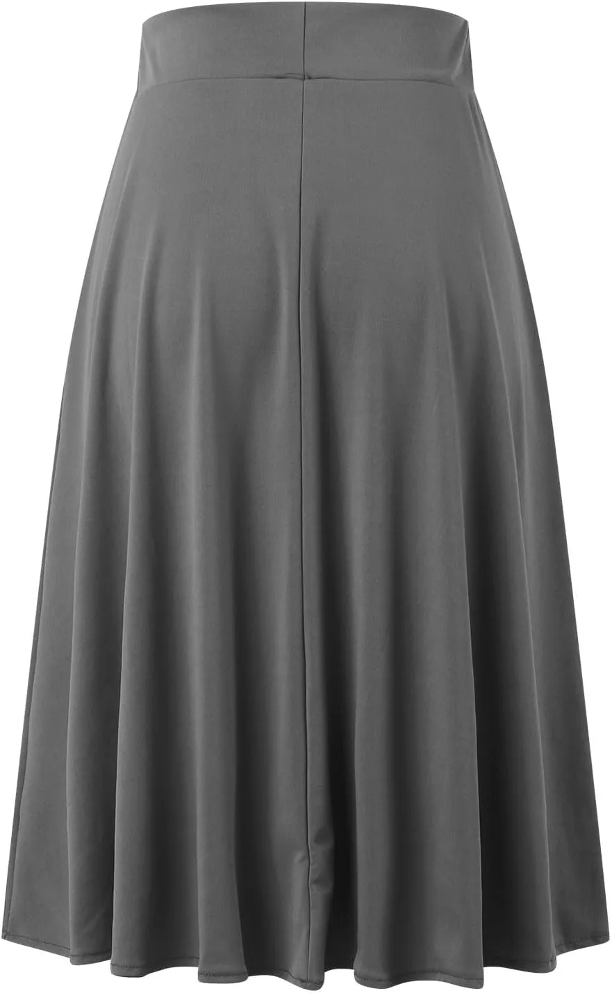 Womens Satin A-Line Skirt Bright Face High Waist Solid Color Side Split Skirt with Zipper Knee Length Office