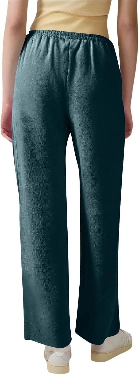 Women's Solid Color Cotton & Linen Drawstring Loose Casual Wide Leg Long Dressy Fashion Pants (Without Pendant)