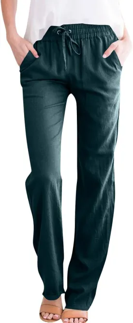 Women's Solid Color Cotton & Linen Drawstring Loose Casual Wide Leg Long Dressy Fashion Pants (Without Pendant)