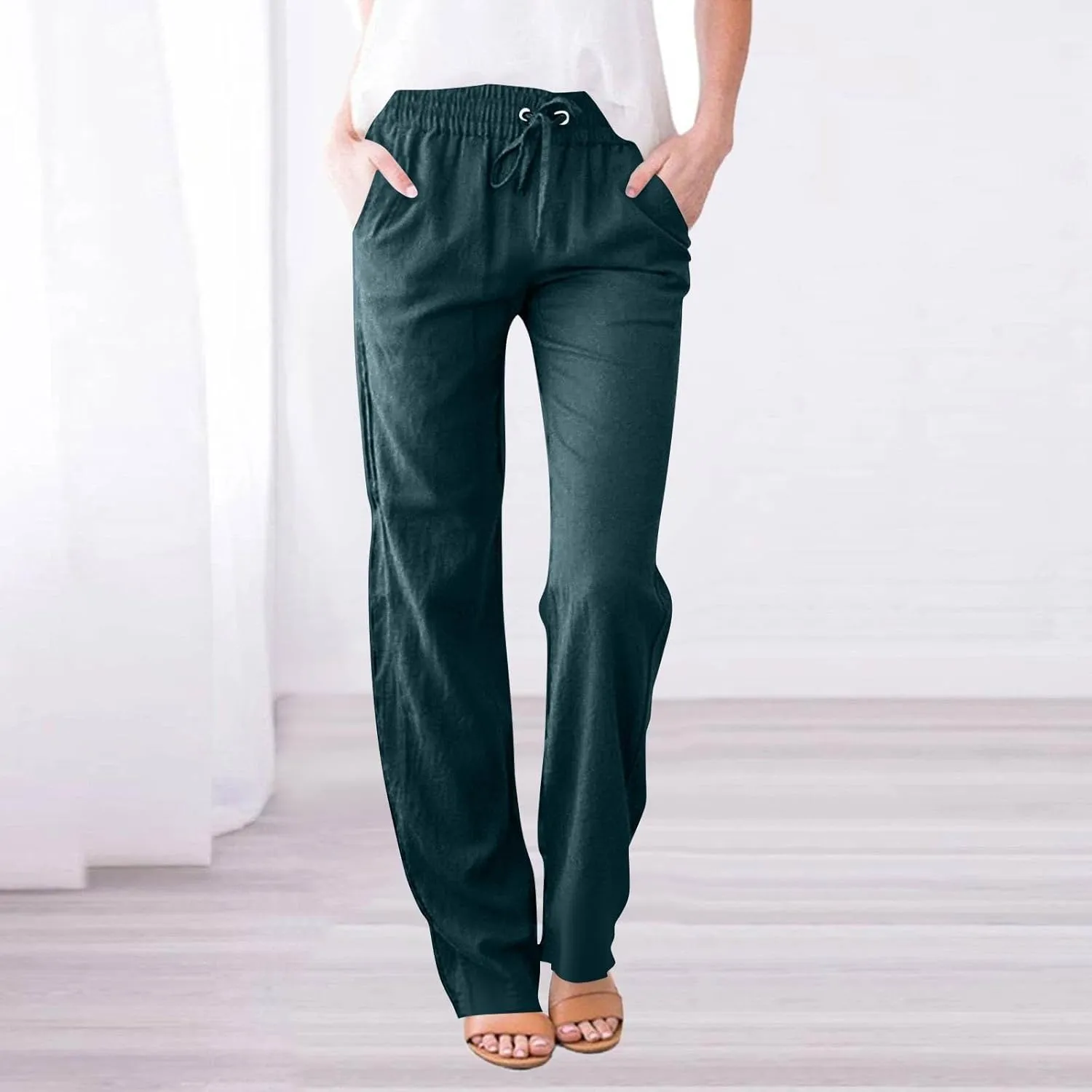 Women's Solid Color Cotton & Linen Drawstring Loose Casual Wide Leg Long Dressy Fashion Pants (Without Pendant)